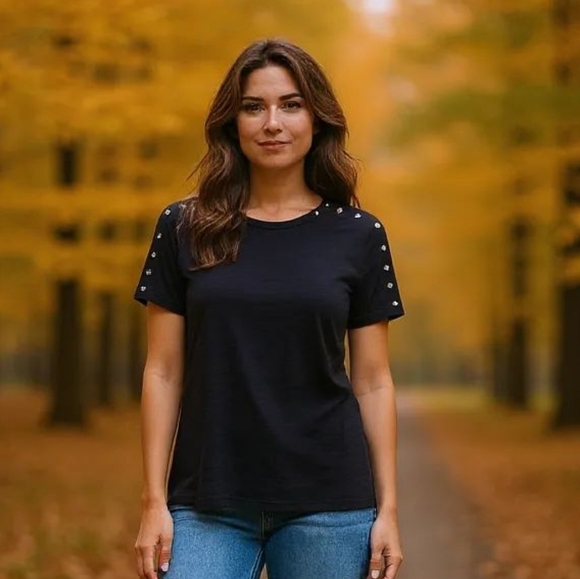 Chico's -NWT,Deep Navy Knit Top With Embellishments Along Sleeves & Neck, Size 1 - Picture 1 of 9